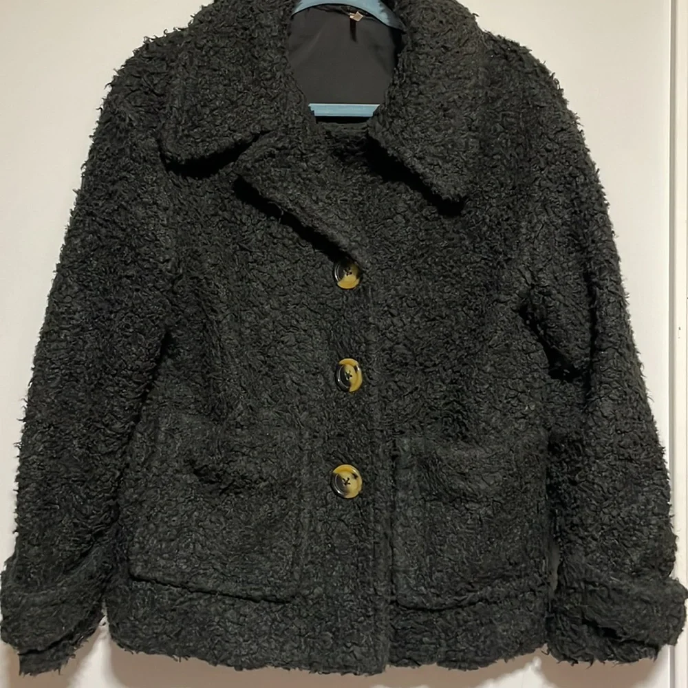 Free People so Soft Cozy Fuzzy Peacoat Coat Black Small XS